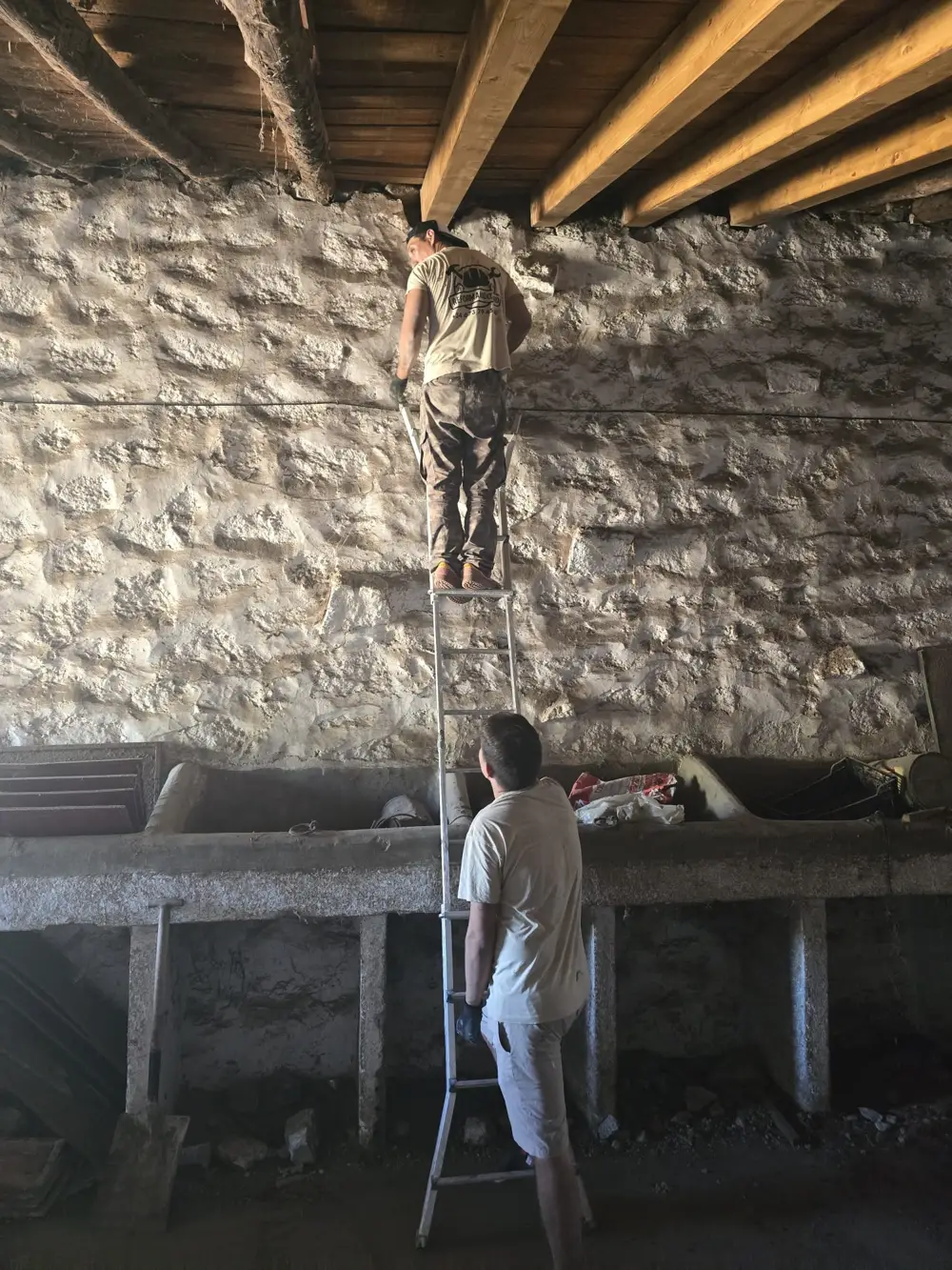 Dos profesionales del equipo trabajando con una escalera en una reforma